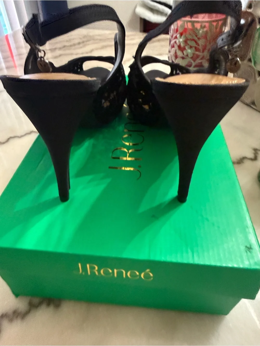 J.Renee Black Lace Peep-Toe Slingback Heels